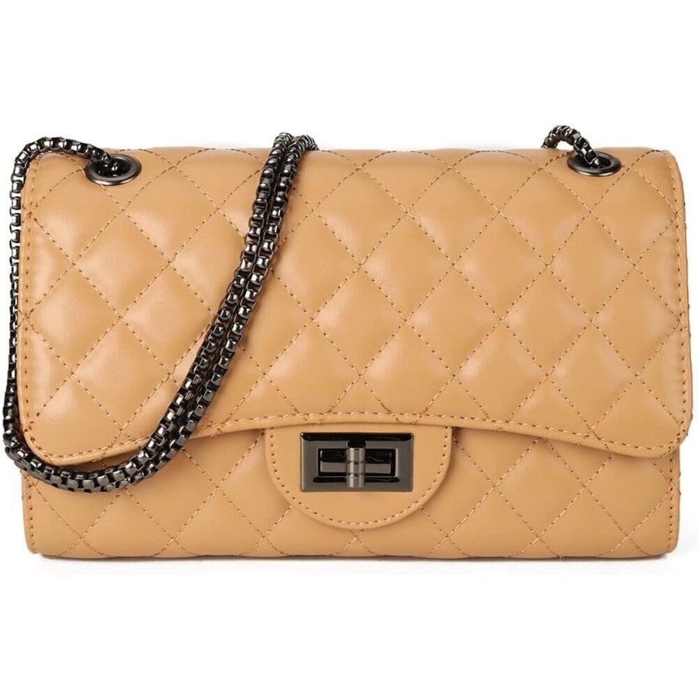 Women Light Khaki Quilted Stylish Crossbody Bag with Chain Strap & Flap Closure